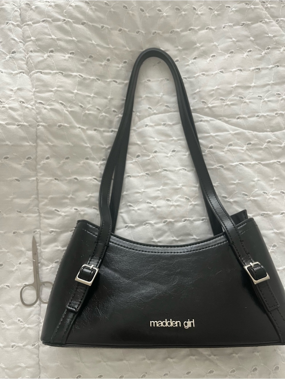 Madden Girl Black Leather-Look Shoulder Bag with Silver Hardware